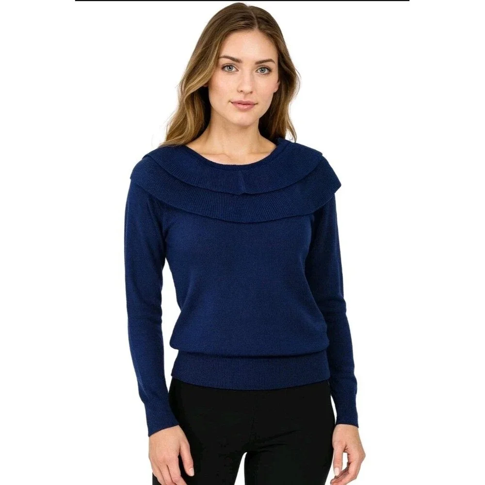 Vintage 80s Lord & Taylor Cozy Knit Lambswool Sweater Blue Tiered Collar‎ Small